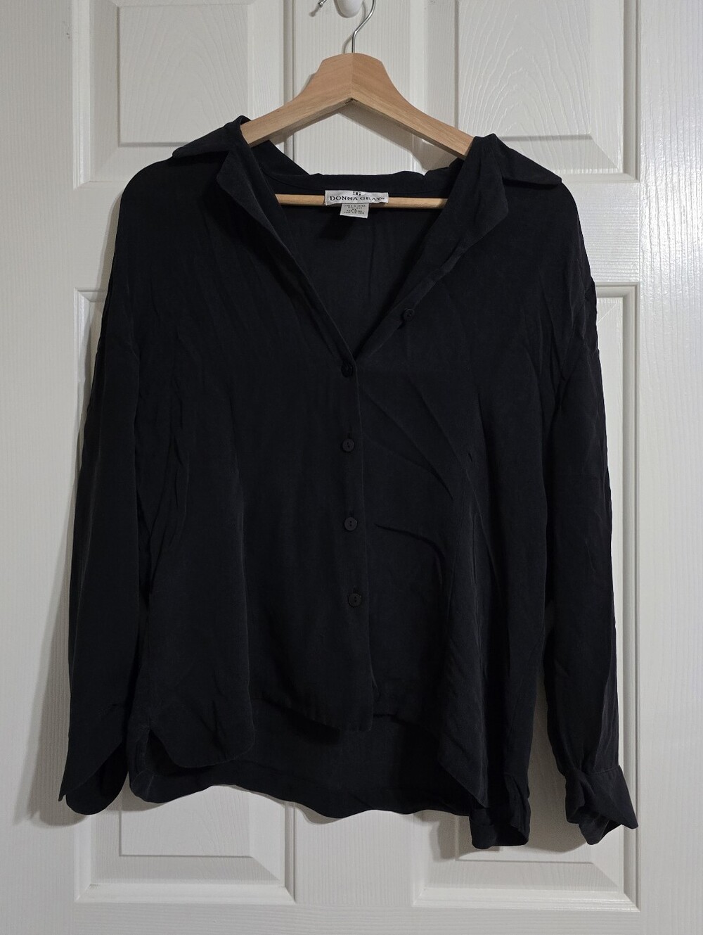 Donna Gray Women's Black Solid Silk Woven Collared Button-Down Blouse Size XL